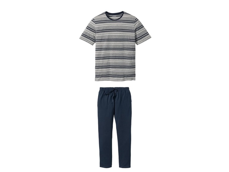 Een gestreept t-shirt en een donkerblauwe broek voor heren.