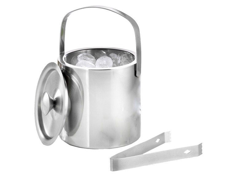 Een roestvrijstalen ijsemmer met deksel en tang.
