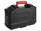 Een zwarte Parkside gereedschapskoffer met een rode handgreep.
