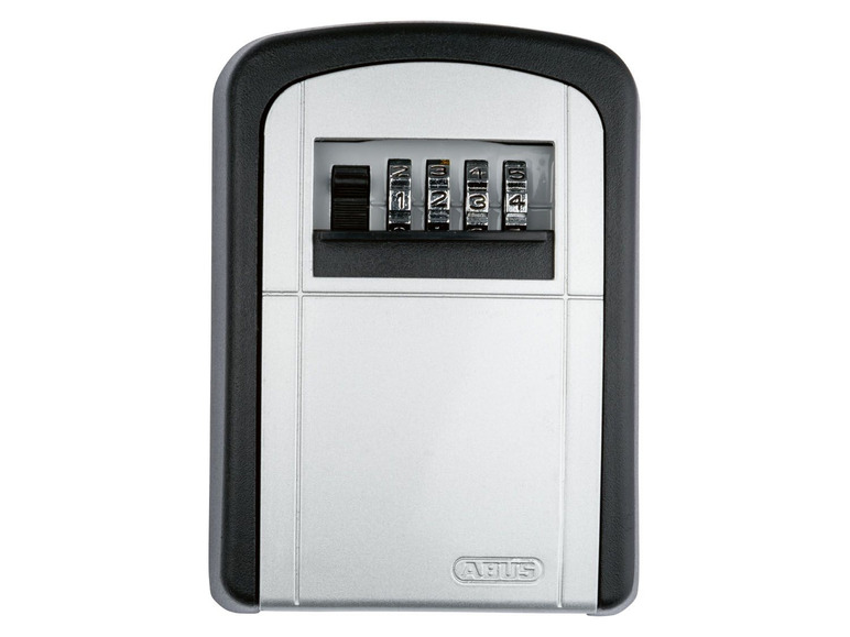 Een zilveren sleutelkastje met een ABUS-slot en cijferslot.