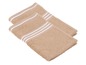 Twee beige handdoeken met witte strepen.