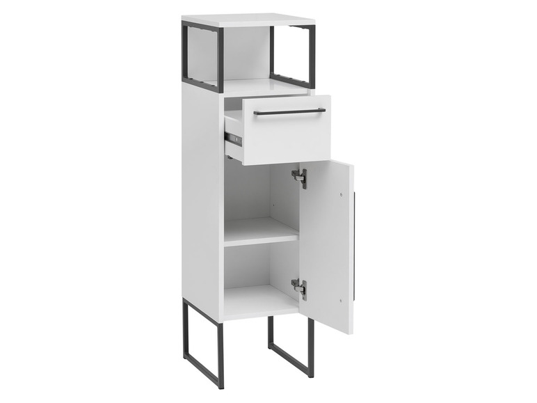 Witte kast met een lade, open vak en deuren