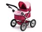 Een roze kinderwagen met wielen voor poppen.