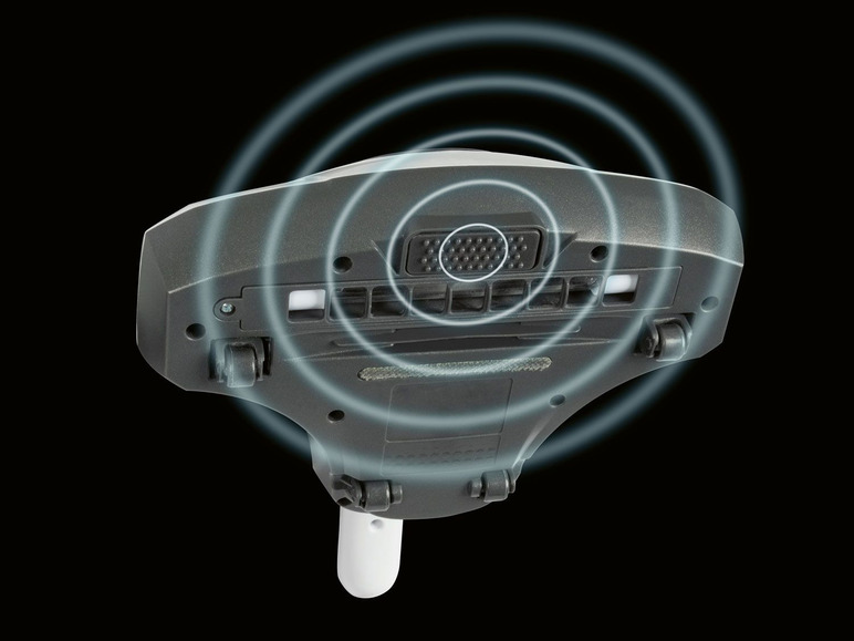 Onderkant van een robotstofzuiger met wielen en sensor.