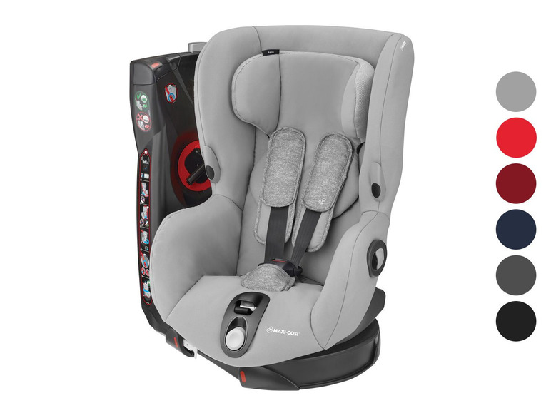 Maxi-Cosi autostoel in grijs met zwarte basis.