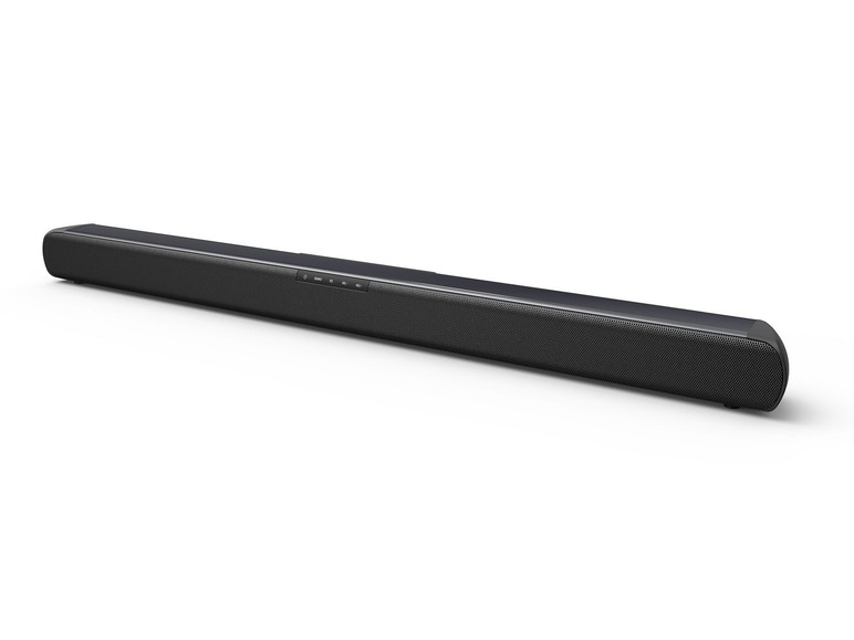 Een zwarte soundbar met meerdere speakers.