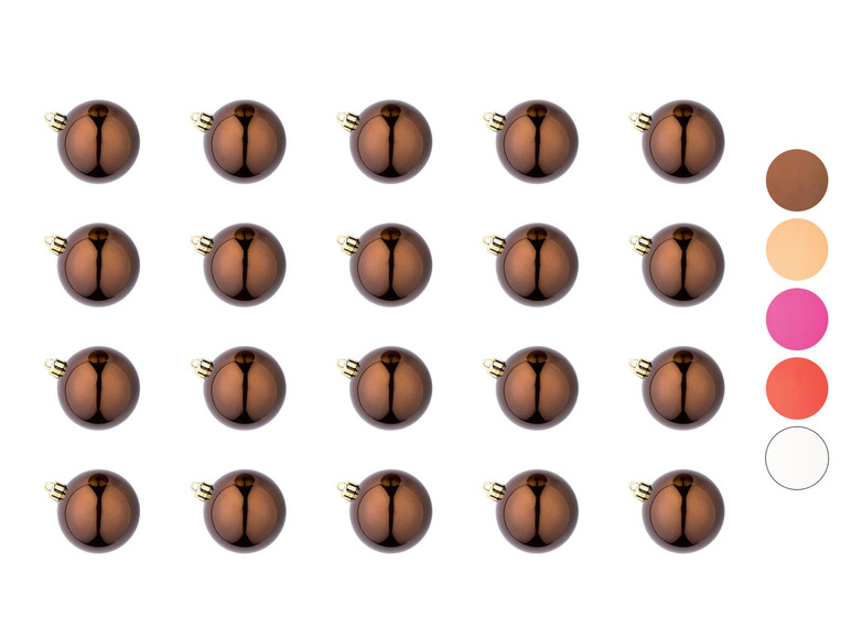 Een reeks glanzende bruine kerstballen.