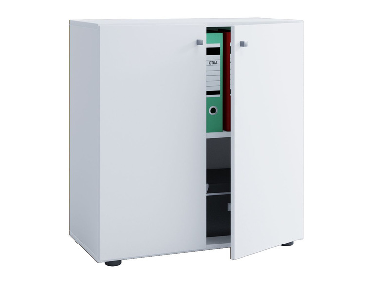 Witte kast met openstaande deur, met ringbandmappen en een zwarte doos