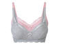 Een grijze en roze bh met kanten details.