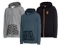 Drie grijze, blauwe en zwarte hoodies met ritsen en logo van DMAX Gas.