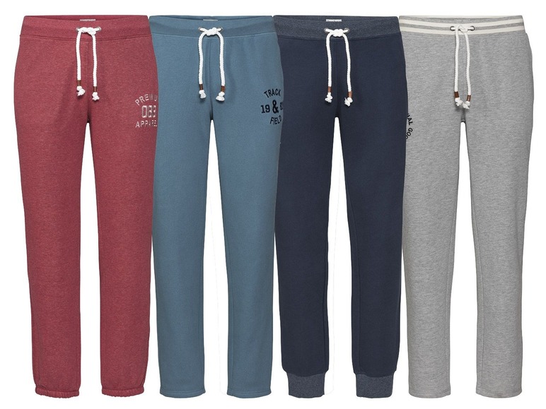 Vier verschillende sweatpants in rood, blauw, donkerblauw en grijs.