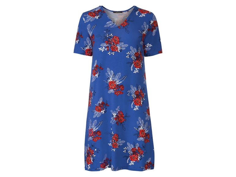 Een blauwe jurk met rode bloemenprint.