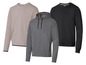 Drie sweatshirts: grijs met capuchon, beige en zwart.