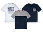 Drie Livergy T-shirts: één met 'Sleep all day and night' print, één met grijs-blauw ontwerp en één donkerblauwe met een zakje.