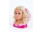 Een roze stylingkop met blond, krullend haar.