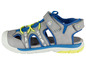 Grijze sandalen met blauwe accenten en 'Rough Riders' logo.