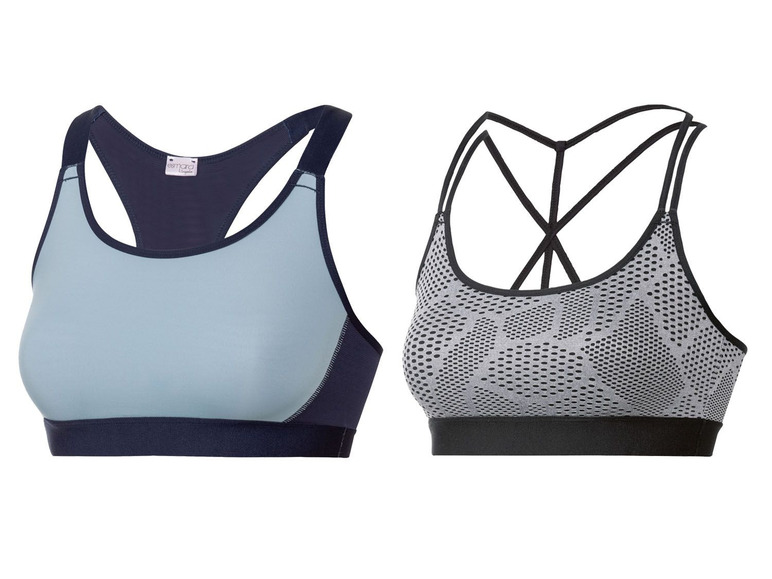 Twee sportbeha's, een blauwe van Esmara en een grijs met zwarte stippen.