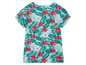 Een lichtblauw T-shirt met tropische bloemenprint.