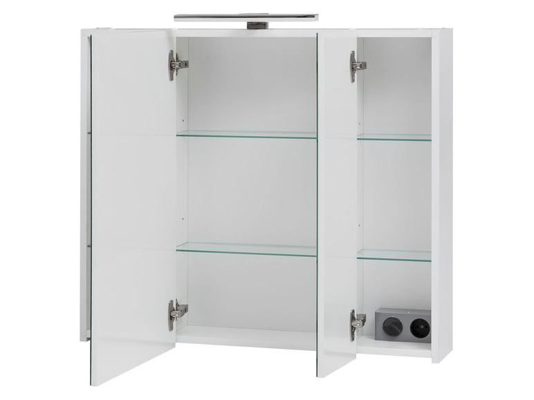 Witte badkamerkast met spiegeldeuren en glazen planken.