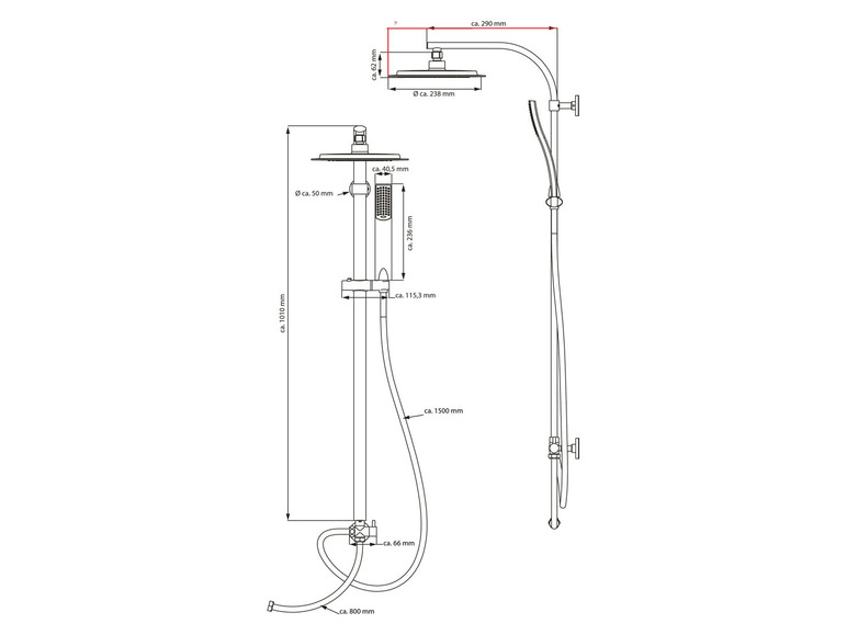 Technische tekening van een douchekop met douchestang