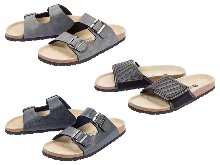 Drie paar heren sandalen met gespen.