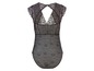 Een zwart, kant bodysuit met korte mouwen.