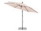 Beige parasol met een grijs metalen frame en een stenen voet.