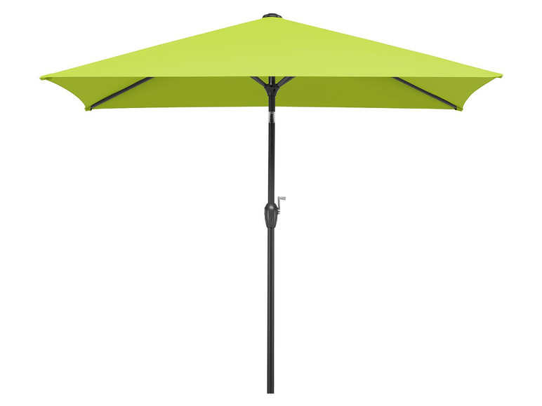 Een groene parasol met een zwarte stang.