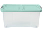 Een mintgroene opbergbox met deksel.