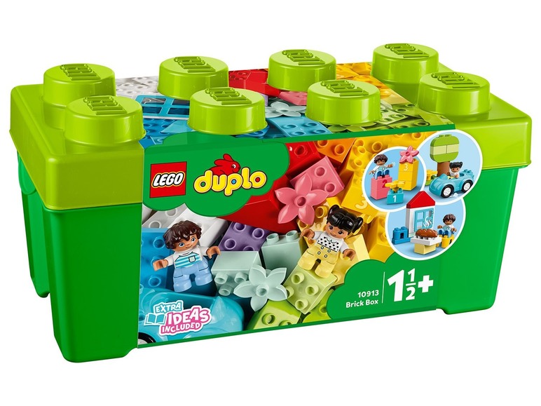 LEGO Duplo bouwstenen met figuren en een groene opbergbox.