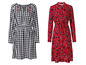 Twee jurken: een zwart-wit geblokte jurk en een rode jurk met bloemenprint.