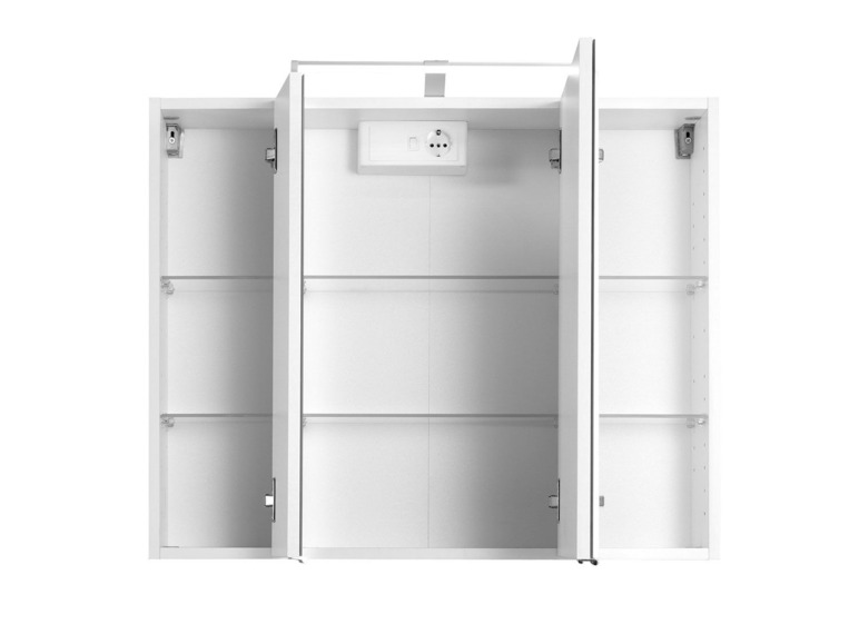 Witte badkamerkast met spiegeldeuren en glazen legplanken.