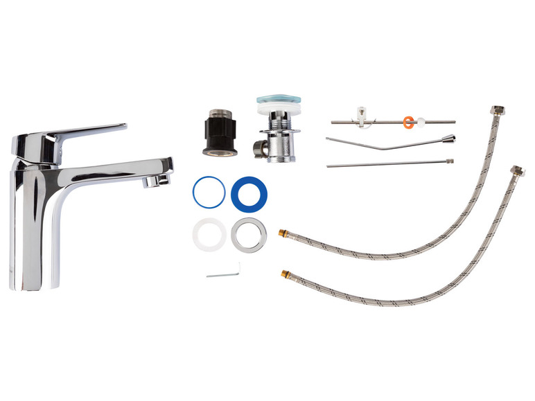 Een chromen badkamerkraan met twee slangkoppelingen en extra onderdelen.