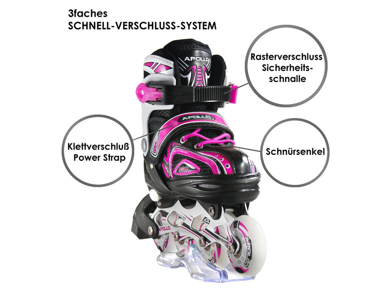 Roze inline skates met klittenband, gesp en veters van Apollo.