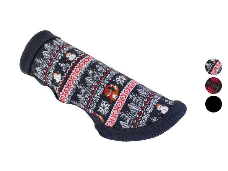 Een donkerblauwe kersttrui voor honden met sneeuwman- en kerstboommotieven.