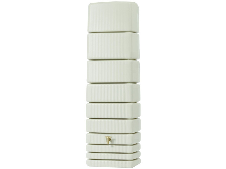Een witte regenwatertank met een kraan.