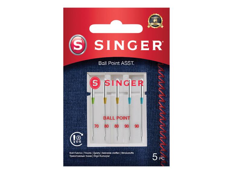 Assortiment van 5 ballpoint naaimachinenaalden voor gebreide stoffen.