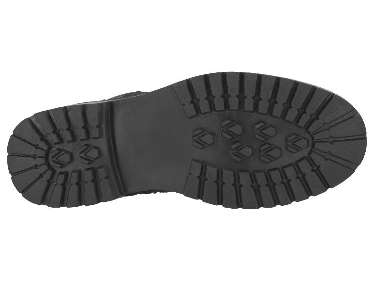 Zool van een zwarte laars met diep profiel, van onderaf gezien