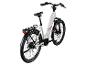 Witte elektrische fiets met zwarte spatborden en bagagedrager, van achteren en opzij gezien.