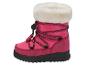 Roze kinderwinterlaarzen met witte imitatiebontrand en zwarte veters.