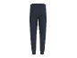 Donkerblauwe joggingbroek met elastische tailleband en boorden bij de enkels, achterkant.