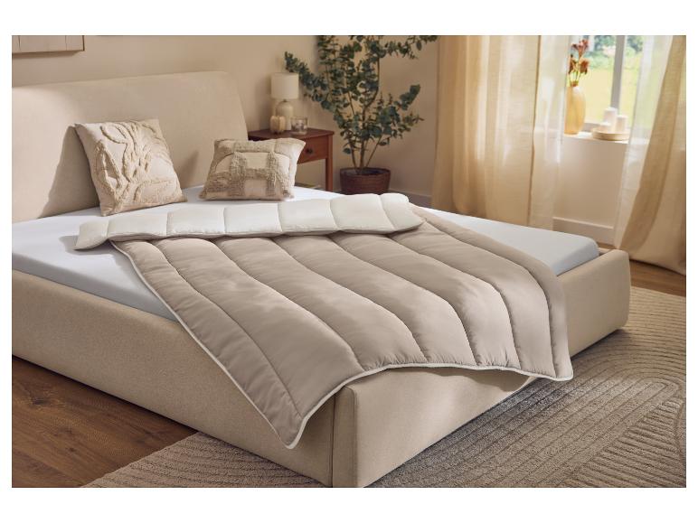 Beige dekbed en kussens op een slaapkamerbed met een plant en een raam.