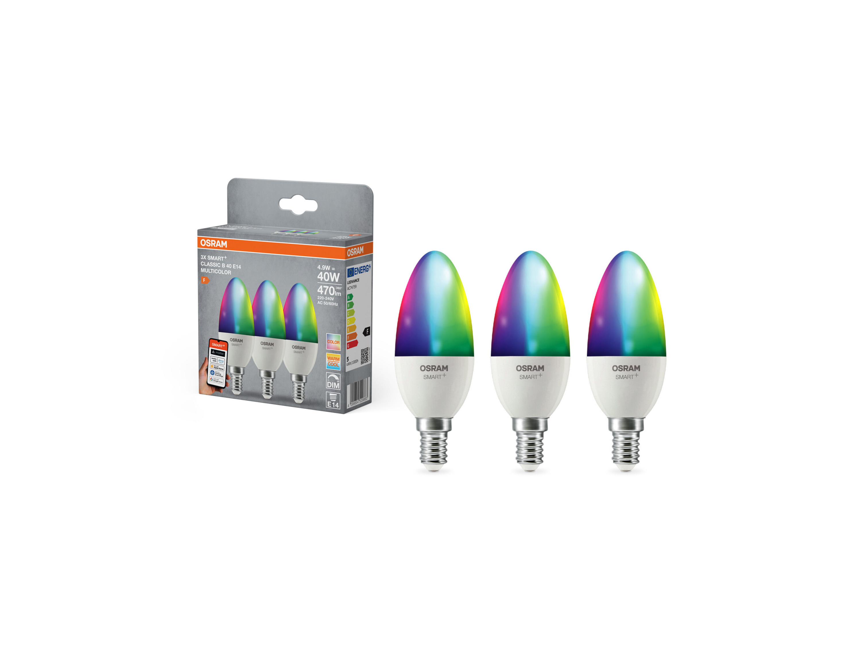 OSRAM Set van 3 slimme LED-lampen Smart Mat (B40, E14, 2700 K, RGBW)