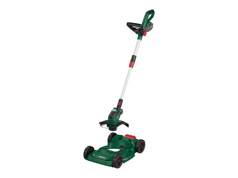 Parkside accugrastrimmer met grasmaaieronderstel.
