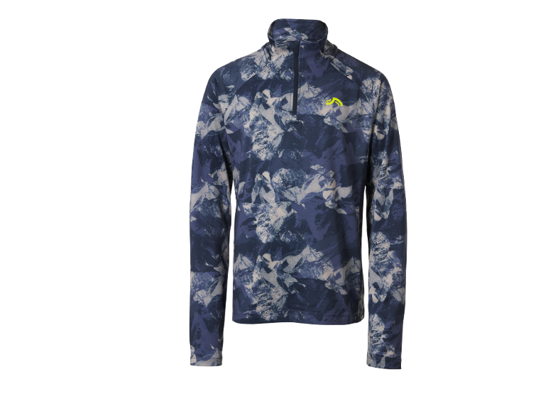 Heren sportshirt met lange mouwen en rits, met blauw en wit camouflagepatroon.