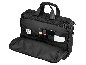 Opengeklapte zwarte laptoptas met diverse kantooraccessoires in de vakken.