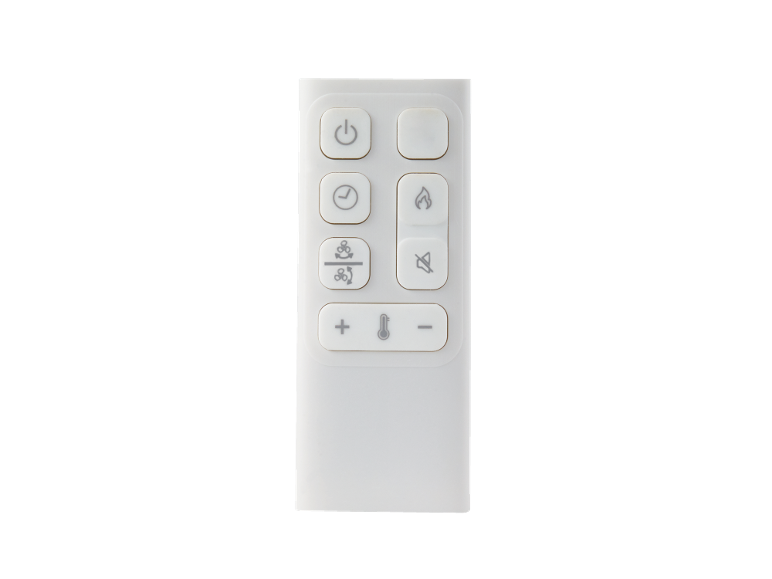 Witte afstandsbediening met aan/uit-, timer-, ventilator-, vlam-, mute- en temperatuurknoppen.