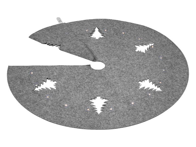 Grijze kerstboomrok met uitgesneden dennenbomen en lichtjes