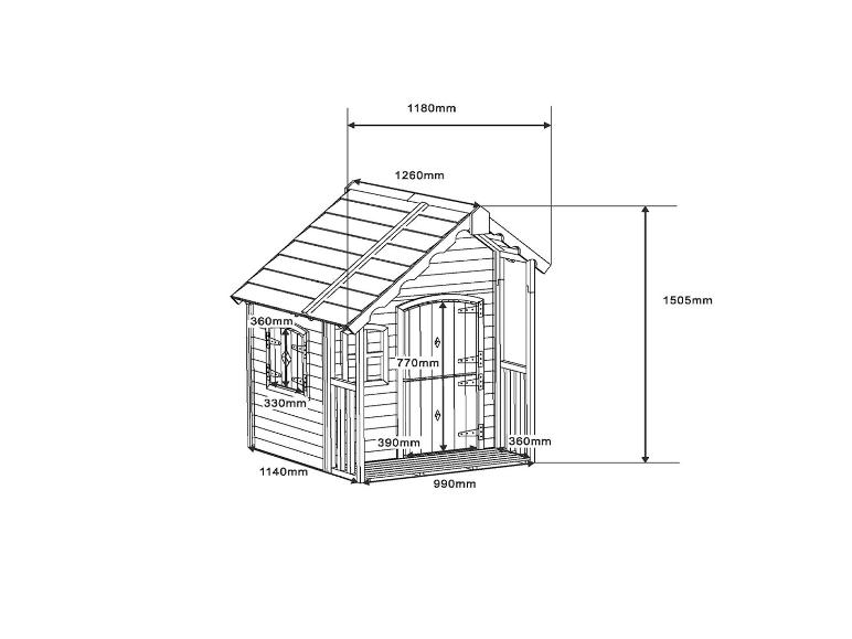 Kleine houten speelhuisje met afmetingen: hoogte 1505 mm, breedte 1180 mm en diepte 1140 mm.