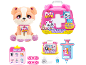 Pluche droevige puppy met speelgoeddierenarts koffer and medische accessoires.